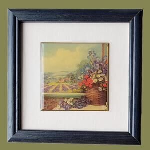 Vintage 1980s Small Framed Lucite Landscape Print in Navy Frame